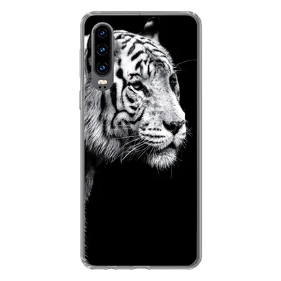Produktbild von MuchoWow® Handyhülle Schutzhülle Hülle für Huawei P30 Studioaufnahme eines weißen Tigers auf schwarzem Hintergrund Silikon Softcase Handy Hülle - Kartenbesitzer