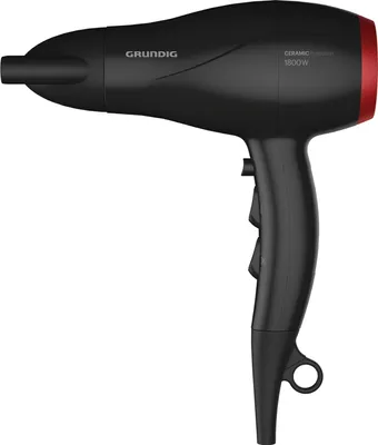 A black and red Grundig hair dryer is shown against a white background.