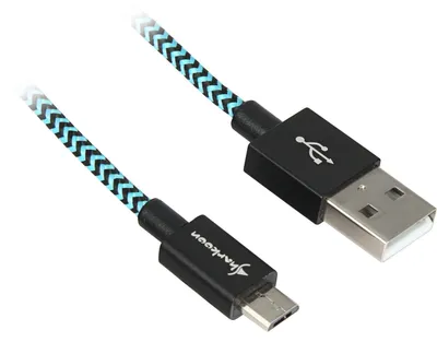 Produktbild von USB 2.0 Kabel, USB-A Stecker > Micro-USB Stecker (schwarz/hellblau, 0,5 Meter, gesleevt)