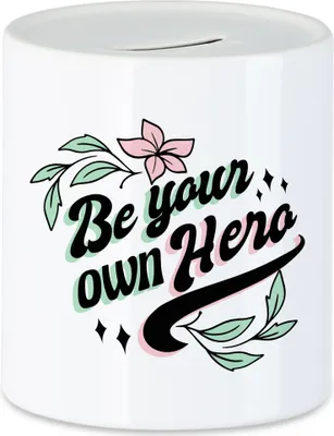 Produktbild von Be Your Own Hero Spardose Spruch Motiv Geschenk für Superheldinnen Frauenpower Frauentag Feminismus