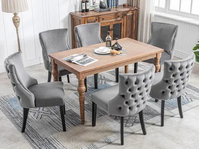 Immagine prodotto di okwish Sedia a quattro gambe, Sedie da pranzo (Set, 6 pezzi), Sedia con trapuntatura a bottoni, schienale alto, struttura in legno massello, Velluto grigio-1