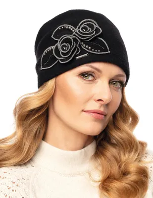 Immagine prodotto di Vivisence Berretto elegante da donna in lana vergine con applicazioni floreali e polsini in maglia con perline Antistatico - Nero