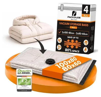 Immagine prodotto di Sacchetti sottovuoto per piumoni e abbigliamento, confezione da 4 pezzi, 2 pezzi taglia XL (100x80 cm) + 2 pezzi taglia L (80x60 cm)