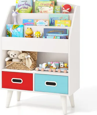 Produktbild von GOPLUS Bücherregal für Kinder, Kinderregal mit 3-stöckigen Regalen, offenem Fach, 2 faltbaren Schubladen & Kippschutz-Sets, Weiß