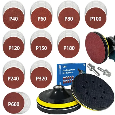 Produktbild von Schleifscheiben Set 100 Stück 125mm Klett für Winkelschleifer Exzenterschleifer + 2 M14 Schleifteller + 2 Schaftadapter