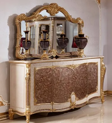 Produktbild von Casa Padrino Luxus Barock Möbel Set Weiß / Braun / Gold - 1 Barock Sideboard mit 4 Türen & 1 Barock Wandspiegel - Barock Möbel - Edel & Prunkvoll