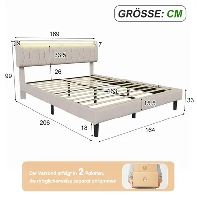 Obrázek produktu pro Postel pro dva – čalouněná postel – 160 x 200 cm – LED čelo – rošt – béžová barva – bez matrace