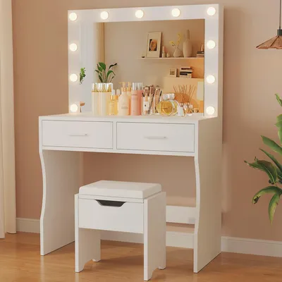 Obrázek produktu pro Velký toaletní stolek s LED osvětlením a zrcadlem, rozměry 74 x 52 cm, s nastavitelnou intenzitou a barvou světla. Kosmetický stolek s 11 LED žárovkami, bílý