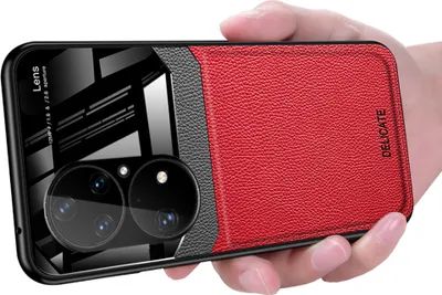 Produktbild von Huawei P50 Pro Hülle, TPU Stossfest Anti-rutsch Leder Glas Len Hybrid Schutzhülle für Huawei P50 Pro Rot