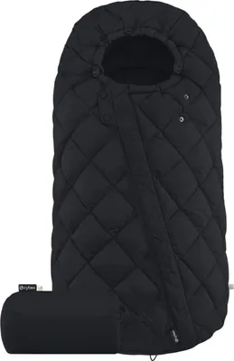 A black quilted stroller footmuff is shown against a white background.