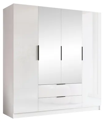 Produktbild von MIRJAN24 Kleiderschrank Sofia II 200, Schlafzimmer, mit Spiegel, Drehtürenschrank, mit Kleiderstange, Modern, Garderobenschrank, Metallgriffe (Farbe: Weiß / Weiß Hochglanz + Schwarz)
