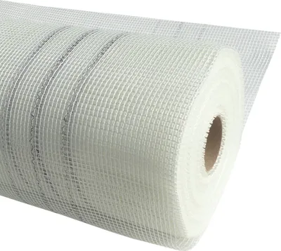 A roll of white fiberglass mesh fabric, likely for construction or renovation purposes, is shown against a white background.