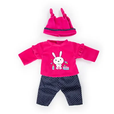 Obrázok produktu pre Bayer Design 84679AA Oblečenie pre bábiky 40-46 cm, nohavice, top a čiapka, set, oblečenie so zajačikom, ružové, modré, bodkované