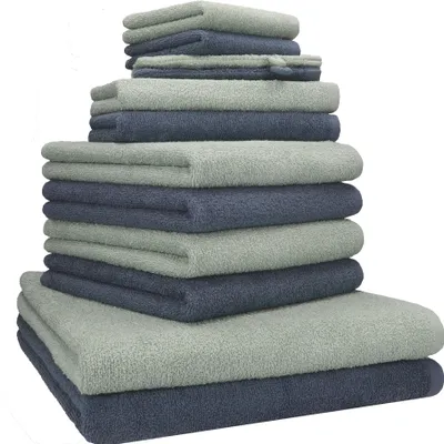 Produktbild von Betz 12 TLG. Handtuch Set Berlin 100% Baumwolle 2 Liegetücher 4 Handtücher 2 Gästetücher 2 Seiflappen 2 Waschhandschuhe Farbe Jade - dunkelgrau