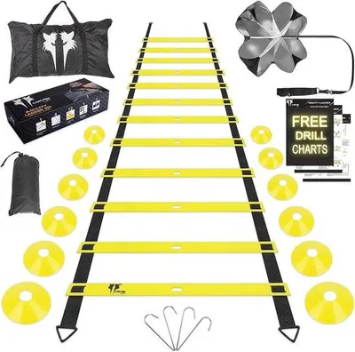 Produktbild von Famanu Agility Leiter 6 Meter für Sporttraining und Schnelligkeitsübungen – Inkl. Geschwindigkeitsfallschirm und Hütchen