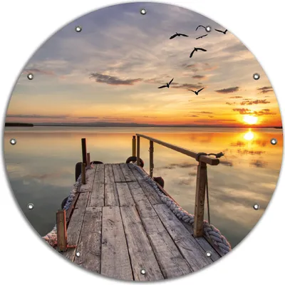 Produktbild von Wallario rundes Outdoor-Poster für Garten oder Balkon, Motiv Sonnenuntergang über dem See  idyllischer Steg, 90 cm Durchmesser