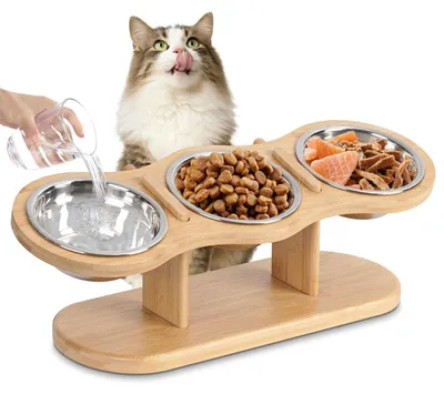 Immagine prodotto di Ciotole rialzate per gatti, set da 3 con ciotole in acciaio inossidabile e struttura in bambù