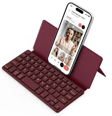 Produktbild von Mini Bluetooth Tastatur mit Ständer für Handy Ultraflache Tragbare Rotwein
