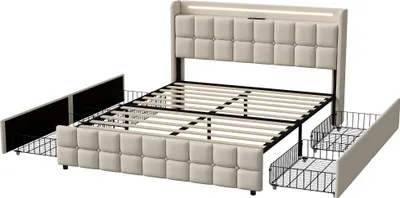 Zdjęcie produktu dla Podwójne łóżko 140 x 200 cm z LED, 4 szuflady, złącze USB, tapicerowane wezgłowie, beżowa tkanina, nowoczesny styl.