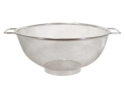 A metal colander with two handles is shown against a white background.