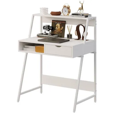 A white computer desk with a shelf and a drawer, decorated with various items.