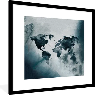 Produktbild von MuchoWow® MuchoWow® Gerahmtes Poster Weltkarte - Blau - Aquarell 40x40 cm - Poster mit zchwarzem Bilderrahmen - Poster - Plakat im Rahmen