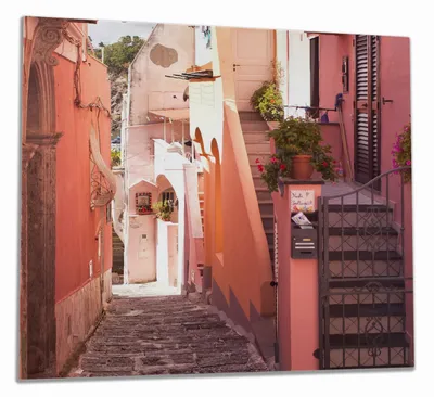 Produktbild von Wallario Herdabdeckplatte aus Glas, Größe 60 x 52 cm 1-teilig, Motiv Südländische Gasse- Italien bei Sonnenschein