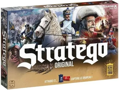 The image shows the box of the board game Stratego Original, with historical military figures and imagery.