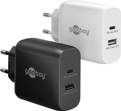 Image de Goobay 65409 USB-C™ PD GaN chargeur rapide double (65 W) noir, noir - 1x port USB-C™ (Power Delivery) et 1x port USB-A