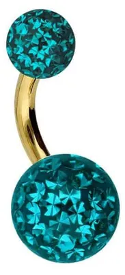 Produktbild von Bauchnabelpiercing Titan Bananabell EPOXY-KUGELN Farbe: Gold + Kristall: Zirkonblau Stablänge: 6mm
