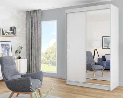 Produktbild von KIER FURNITURE Kleiderschrank mit Schiebetüren BILL 3, Schlafzimmer Schrank, Garderobeschrank, Flurschrank Weiß 138x205x59 cm