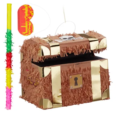 Immagine prodotto di Set piñata da 3 pezzi con scrigno del tesoro, bastone per piñata e maschera, per bambini, compleanni, da riempire autonomamente, piñata, colorata
