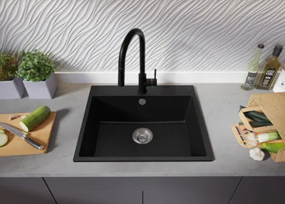 Produktbild von PRIMAGRAN Spülbecken Schwarz Metallic 58x50cm, Granitspüle 1 Becken + Ablauf-Set, Küchenspüle ab 60er Unterschrank - Riga