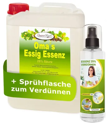 Produktbild von Oma`s Essigessenz 25% Säure 5 L Unser Geschmackssieger für die gute Küche & Haushalt / Entkalken / Reinigen ohne Chemie Essig Essenz