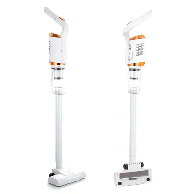 Two views of a white and gold cordless vacuum cleaner against a white background.