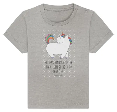 Produktbild von Mr. & Mrs. Panda  T-Shirt Einhorn Stolzieren 0. - 6. Monat - Heather Grey - Geschenk, Einhörner, Unicorn, Reiten, Pferd, Organic Baby, Kinder Oberteil, Babyshirt, Bunt