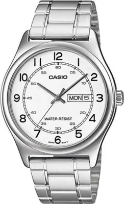 A close-up studio shot of a silver Casio men's watch with a white dial.