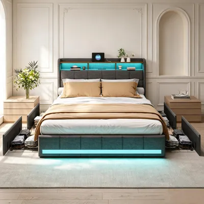 Zdjęcie produktu dla Łóżko tapicerowane INONEFT, 160x200 cm, z funkcją ładowania USB, łóżko młodzieżowe/podwójne z 4 szufladami, łóżko z pojemnikiem na pościel i stelażem, z oświetleniem LED, tkanina lniana, kolor szary