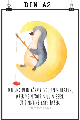 Produktbild von Mr. & Mrs. Panda Bild Pinguin Mond DIN A2 - Weiß - Geschenk, kunstdruck poster, Süßigkeiten, wanddeko, Deko, Einschlafen, Plakat, Spruch, Neugierig