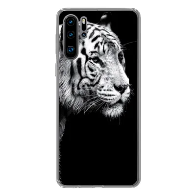 Produktbild von MuchoWow® Handyhülle Schutzhülle Hülle für Huawei P30 Pro Studioaufnahme eines weißen Tigers auf schwarzem Hintergrund Silikon Softcase Handy Hülle - Schutzdeckel