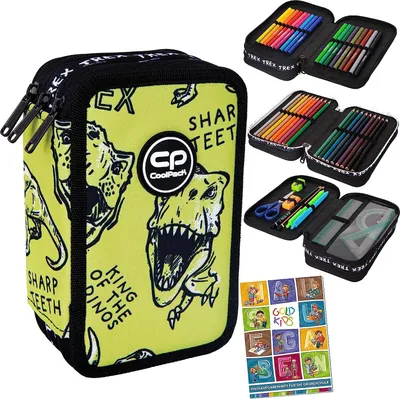 Produktbild von Federtasche 3-fache Federmappe Dino Adventure Federmäppchen 46-teilig gefüllte Schüleretui Stifte und Pinsel inkl. Aufgabenheft Federbox Stiftetasche