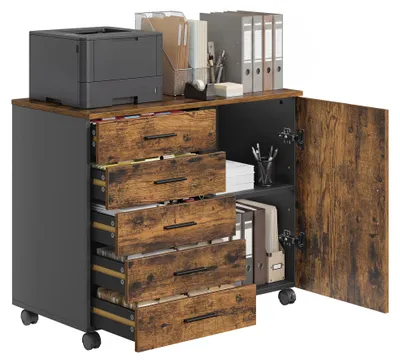 Produktbild von VASAGLE Rollcontainer, Aktenschrank, Schrank mit Tür, Druckerständer, 5 Schubladen, mit werkzeuglosen Gleitschienen, braun