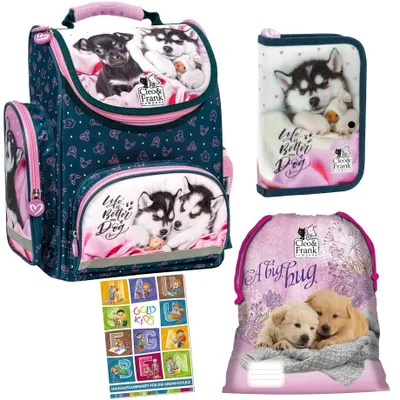 Produktbild von Schulranzen Set 4-teilig Ranzen Tornister Federmappe Turnbeutel Turnsack Aufgabenheft für die Grundschule Cleo & Frank 38 Hund Dog Motiv