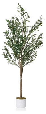 Immagine prodotto di Olivo artificiale - Pianta da terra - Altezza 160 cm - Foglie e frutti realistici - Vaso bianco - Per interni ed esterni - Verde