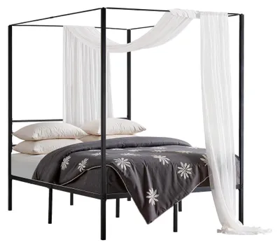 Produktbild von Himmelbettrahmen (Full Size), Metallhimmelbett mit Himmelbett-Design, belastbar bis 363 kg, robuste Stahllattenstütze, Stauraum unter dem Bett, kein Boxspring erforderlich, Schwarz
