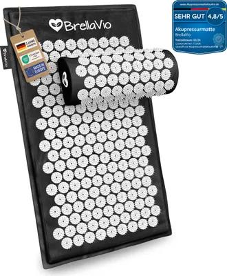 Produktbild von BrellaVio Akupressurmatte mit Kissen - Akupunktur Massage Matte - Akupressur zur Entspannung - Stachelmatte - Schwarz