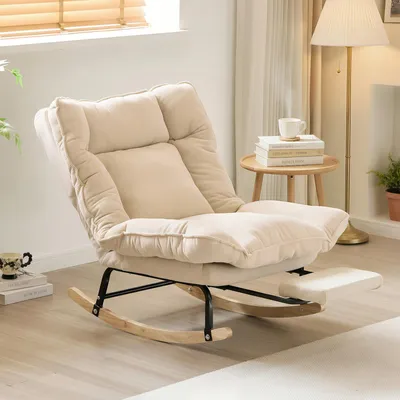 Image de Fauteuil à bascule pour l'intérieur et l'extérieur, fauteuil à bascule surdimensionné avec un coussin épais amovible, fauteuil de détente pour le salon, la cour, le jardin ou le balcon, beige