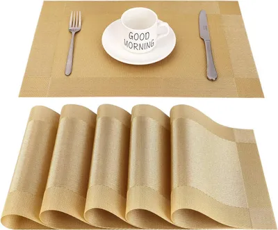 Produktbild von MODFU Platzsets Abwaschbar 6er Set, PVC rutschfest Tischsets Gewebte Platzdeckchen Abgrifffeste Hitzebeständig, Vinyl Placemats Platz-Matten für Küche Speisetisch Gold