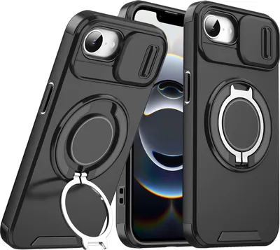 Obrázek produktu pro Dvouvrstvé pouzdro pro iPhone 16e/iPhone 17e, s posuvným krytem fotoaparátu a magnetickým kroužkovým stojánkem Černý