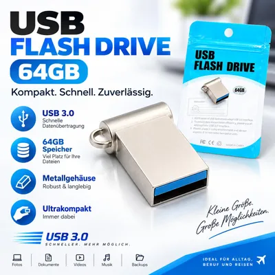 Produktbild von 64GB Mini USB Stick Flash Laufwerk Drive klein Silber mit Öse, KI-generiertes Bild
